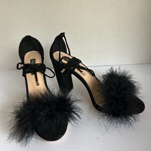 Only Makers, Black, Ankle Wrap, Feather Block Heel Sandals, 9